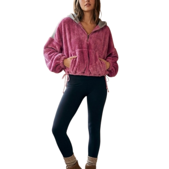 Free People Tops - Free People Fuzzy Cropped Oversized Half Zip Soft Hoodie Pink Gray Large